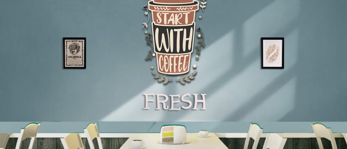 Cafe interior with cake on table and blank poster on bright yellow wall. Mock up, 3D Rendering